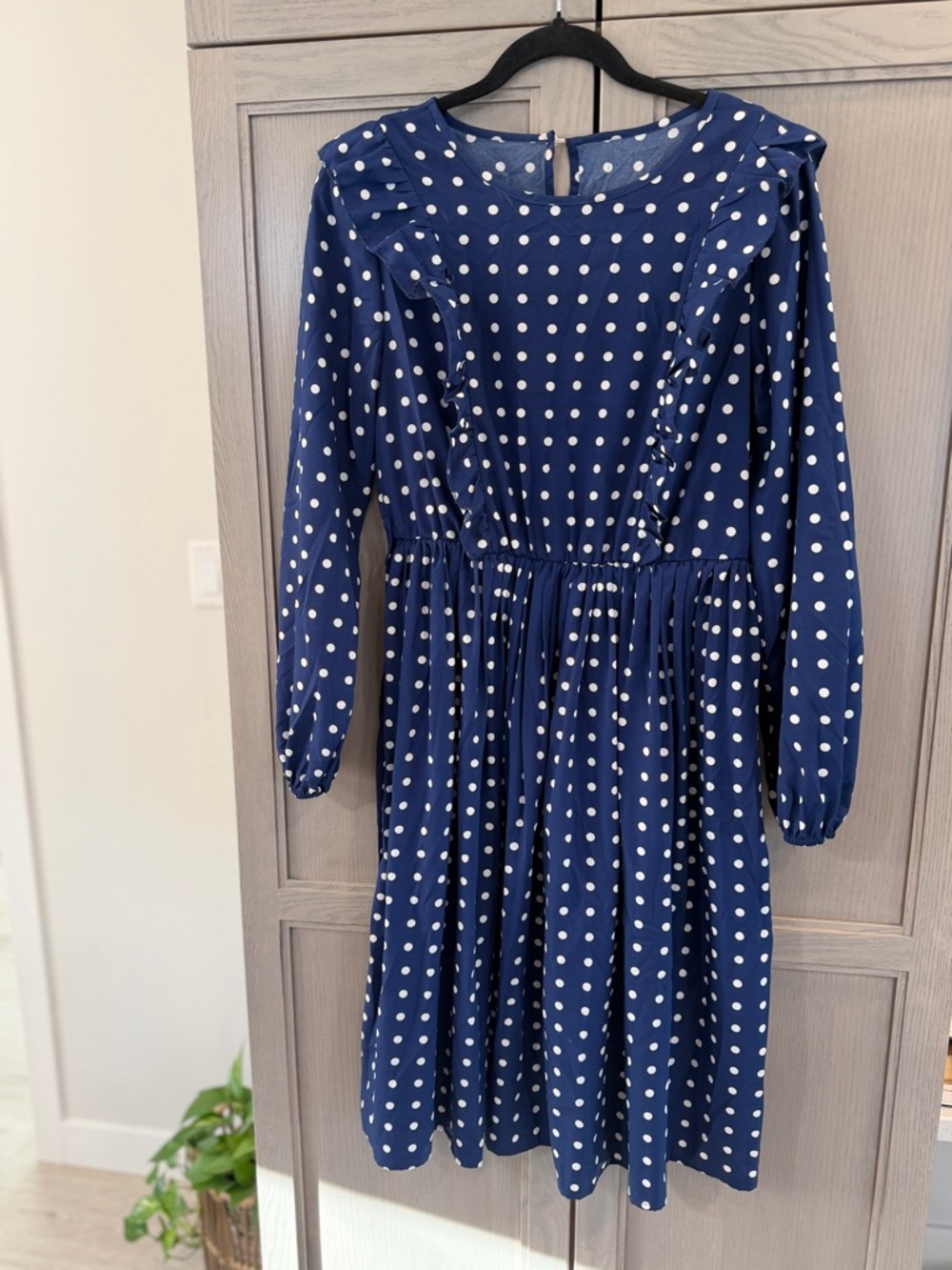 SHEIN Navy Blue Polka Dot Long Sleeve Midi Dress - Picture 2 of 5